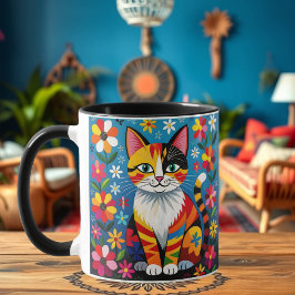 Volkskunst Kat, Bloemen & Vlinder Gepersonaliseerd Mok
