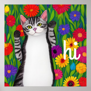 Volkskunst Kleurrijke Kat en Bloemen zeggen Hallo Poster