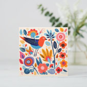 Volkskunst Nordic Floral Bird Feestdagenkaart (Staand voorkant)