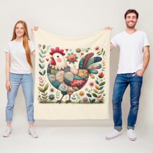 Volkskunst Patchwork Haan met Bloemaccenten Fleece Deken
