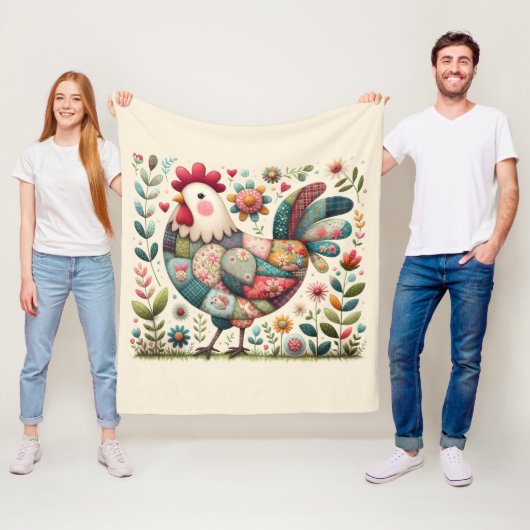 Volkskunst Patchwork Haan met Bloemaccenten Fleece Deken (In situ)