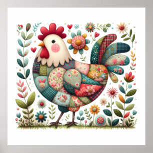 Volkskunst Patchwork Haan met Bloemaccenten Poster
