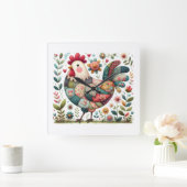 Volkskunst Patchwork Haan met Bloemaccenten Vierkante Klok (Huis)