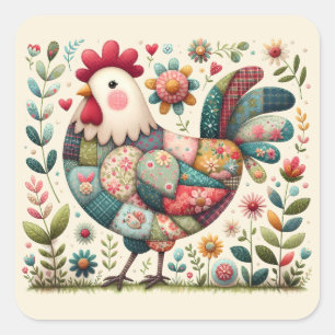Volkskunst Patchwork Haan met Bloemaccenten Vierkante Sticker