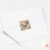 Volkskunst Patchwork Haan met Bloemaccenten Vierkante Sticker (Envelop)