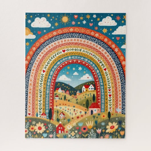 Volkskunst Regenboog Dorpspuzzel Legpuzzel (Verticaal)
