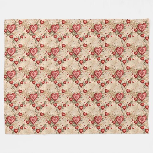 Volkskunst Rode Harten Fleece Deken (Voorkant (Horizontaal))