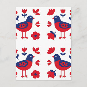 Volkskunst Rood Blauw Vogel Bloemmotief Briefkaart