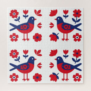 Volkskunst Rood Blauw Vogel Bloemmotief Legpuzzel