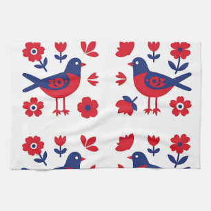 Volkskunst Rood Blauw Vogel Bloemmotief Theedoek