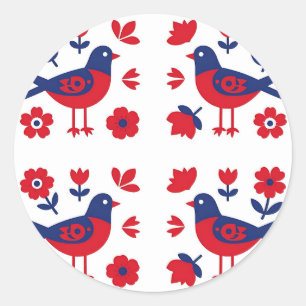 Volkskunst Rood Blauwe Vogel Bloemmotief Ronde Sticker