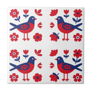 Volkskunst Rood Blauwe Vogel Bloemmotief Tegeltje