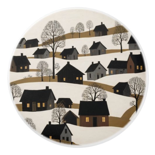  volkskunst rustieke winterscène keramische knop (Voorkant)