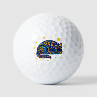 Volkskunst Slaande Kat in Blauw Golfballen