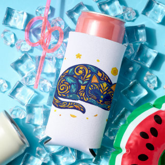 Volkskunst Slaande Kat in Blauw Seltzer Blikjeskoeler
