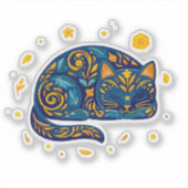 Volkskunst Slaande Kat in Blauw Sticker (Voorkant)