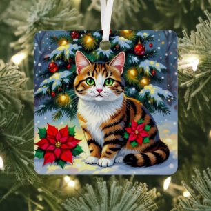 Volkskunst Tabby Kat en Aangepast Bericht Kerstmis Metalen Ornament