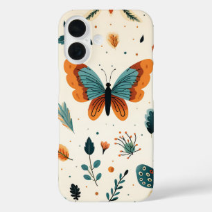 Volkskunst Vlinders met Teal en Terracotta iPhone 16 Hoesje