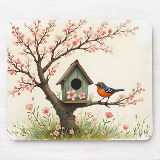 Volkskunst Vogel en Vogelhuis Muismat (Voorkant)