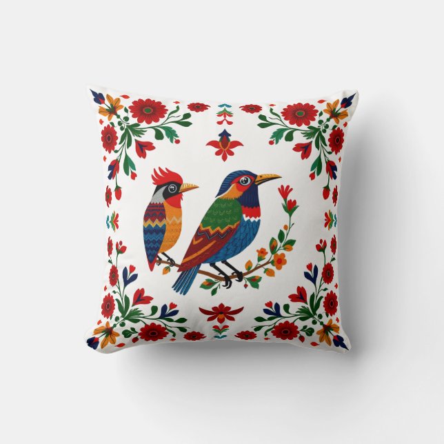 Volkskunst Vogels & Bloemen – Symmetrisch Natuurli Kussen (Voorkant)