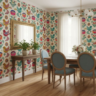 Volkskunst Vogels en Botanicals  Behang