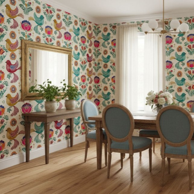 Volkskunst Vogels en Botanicals  Behang (Creator heeft geüpload)