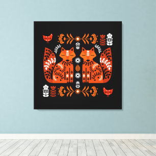 Volkskunst Vos En Hen Canvas Afdruk