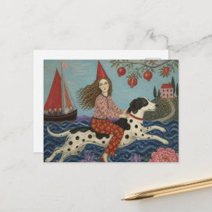Volkskunst Vrouw en een Hond Fantasie Briefkaart