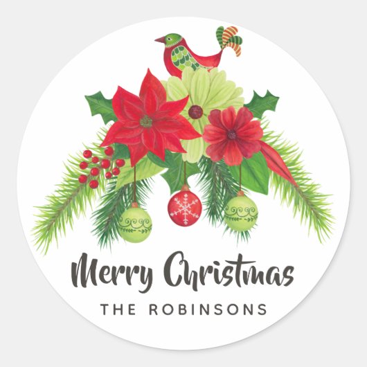 Volkskunst waterverf bloem Kerstmis Ronde Sticker (Voorkant)