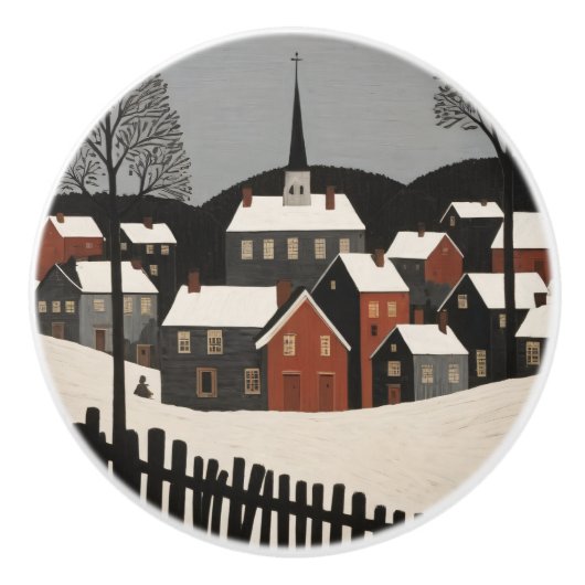  volkskunst winterdorp scene keramische knop (Voorkant)
