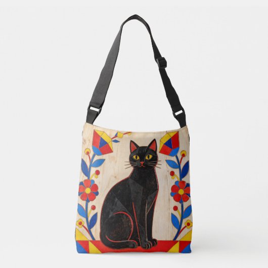 Volkskunst Zwarte Kat Crossbody Tas (Voorkant)