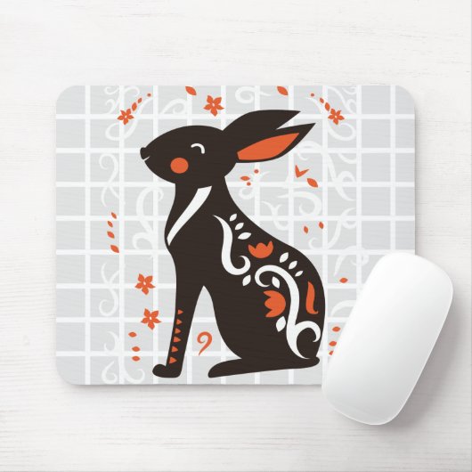 Volkskunst Zwarte Konijn Grid Muismat (Met muis)