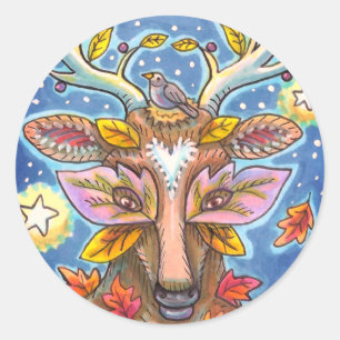 VOLKSkunste Hert in herfstbos, vogelNest & Maan Ronde Sticker