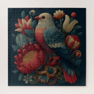 Volkskunstillustratie van een vogel te midden van legpuzzel