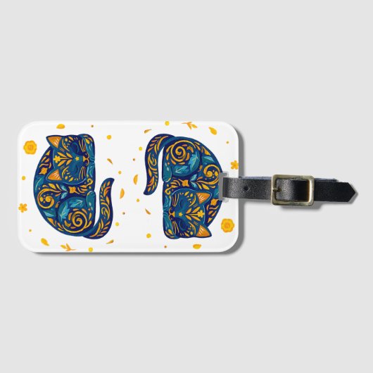 Volkskunstkat in het blauw bagagelabel (Voorkant (horizontaal))