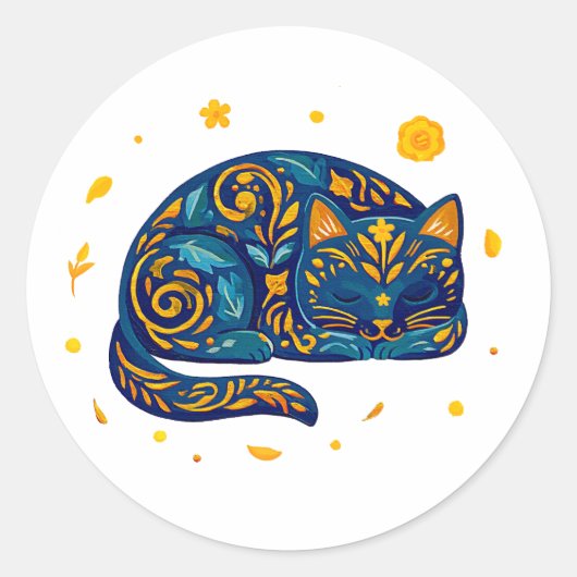 Volkskunstkat in het blauw ronde sticker (Voorkant)