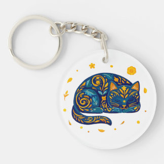 Volkskunstkat in het blauw sleutelhanger