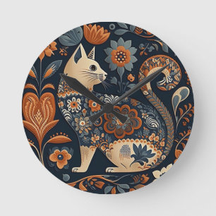 Volkskunstkat met oranje en blauw-grijze bloemen ronde klok