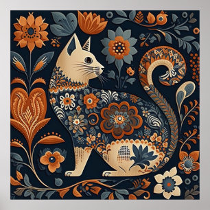 Volkskunstkat met oranje en blauwe bloemen poster