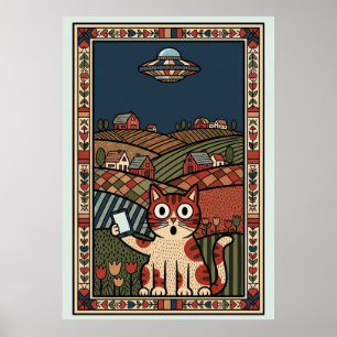 Volkskunstkat met UFO in het landelijke gebied Fan Poster