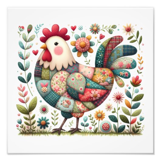 Volkskunstpatchworkhaan met bloemaccenten foto afdruk (Voorkant)