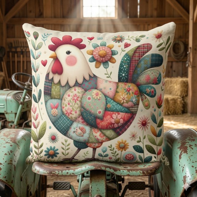 Volkskunstpatchworkhaan met bloemaccenten kussen (Folk Patchwork Rooster with Floral Accents Throw Pillow Mockup D)