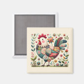 Volkskunstpatchworkhaan met bloemaccenten magneet (Voorkant / Achterkant)