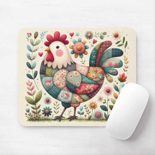 Volkskunstpatchworkhaan met bloemaccenten muismat (Met muis)