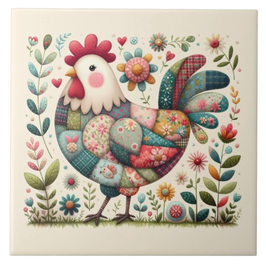 Volkskunstpatchworkhaan met bloemaccenten tegeltje (Voorkant)