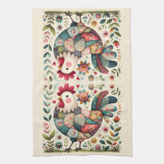 Volkskunstpatchworkhaan met bloemaccenten theedoek (Verticaal)