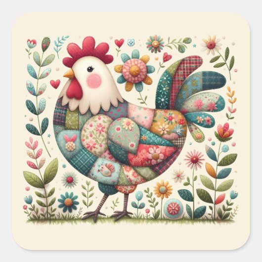 Volkskunstpatchworkhaan met bloemaccenten vierkante sticker (Voorkant)