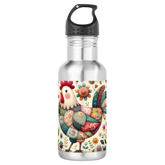 Volkskunstpatchworkhaan met bloemaccenten waterfles  (Voorkant)