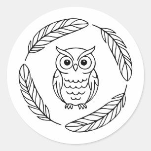 Volkstuil Uil Lijnkunst Omringd door Veren Ronde Sticker