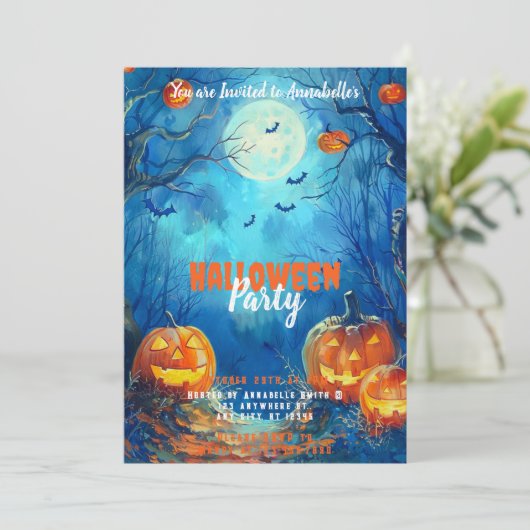 Volle Maan Blauwe Jack-o' Lantaarns Halloween Part Kaart (Staand voorkant)